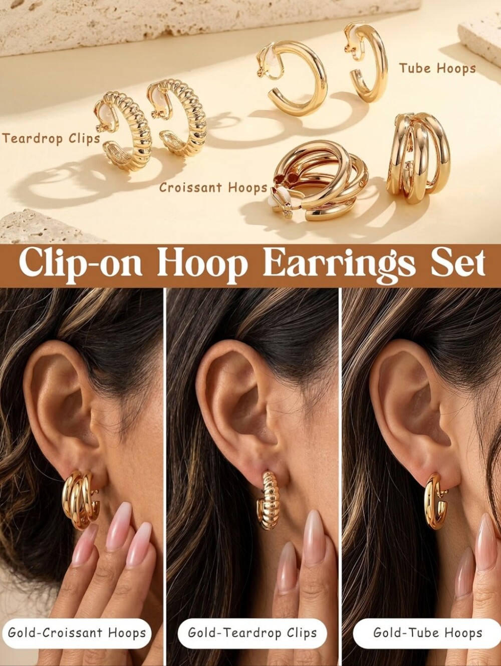 3 Pairs NEW Gold Clip on Earrings Non-Pierced Ears Trendy Hypoallergenic Chunky